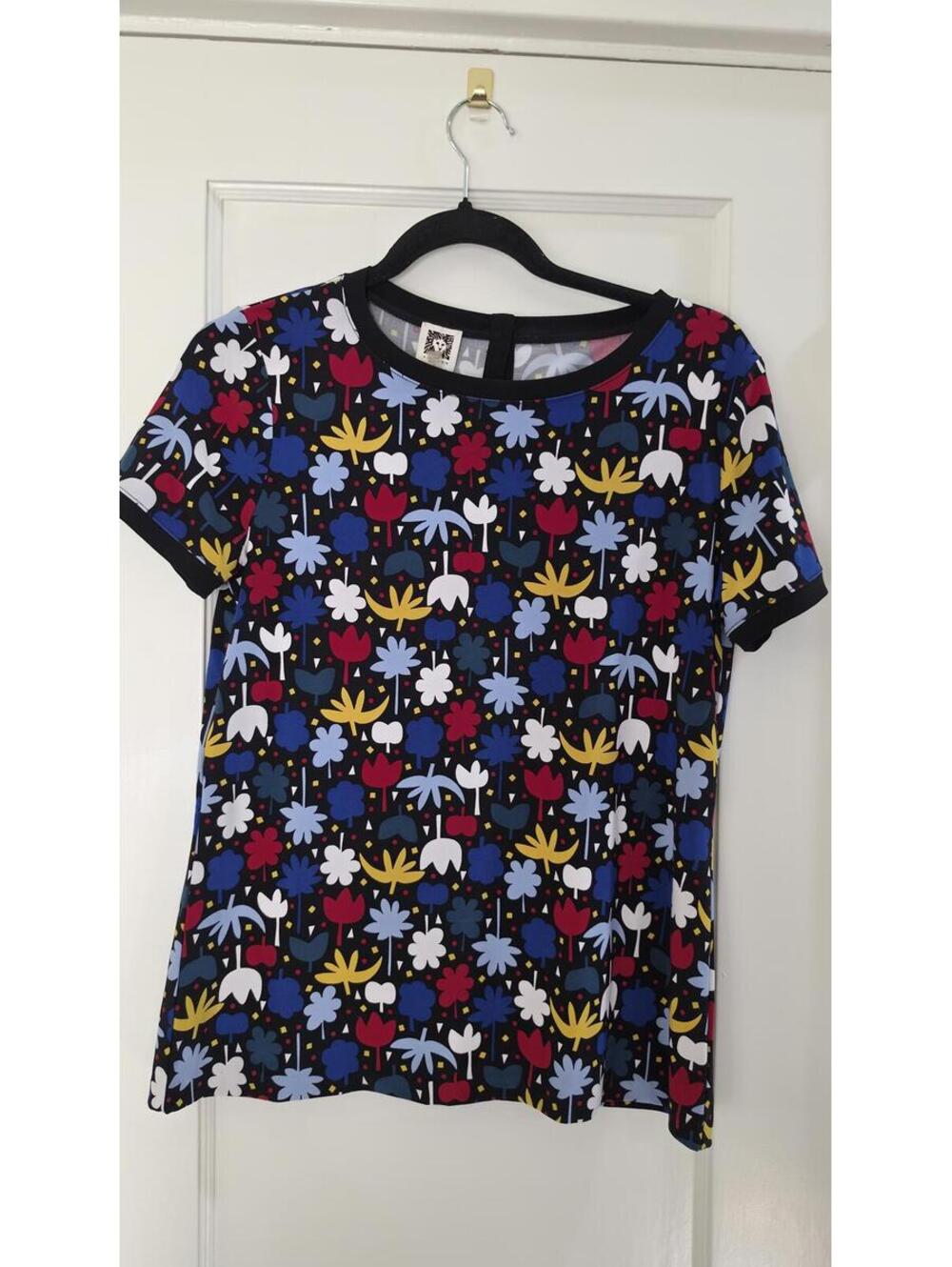 Anne Klein Women's Black Floral Short Sleeve Button-Back Top Size S